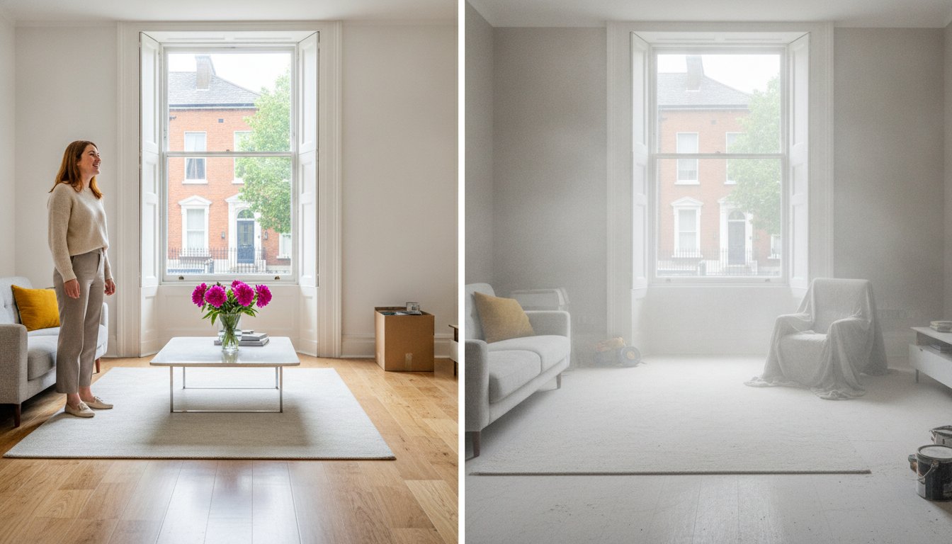Renovated room shown before and after a detailed builders clean