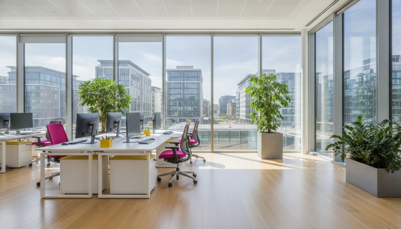 Clean and bright contemporary office with large windows